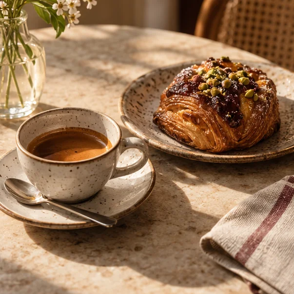 Café e doce artesanal em mesa de pedra